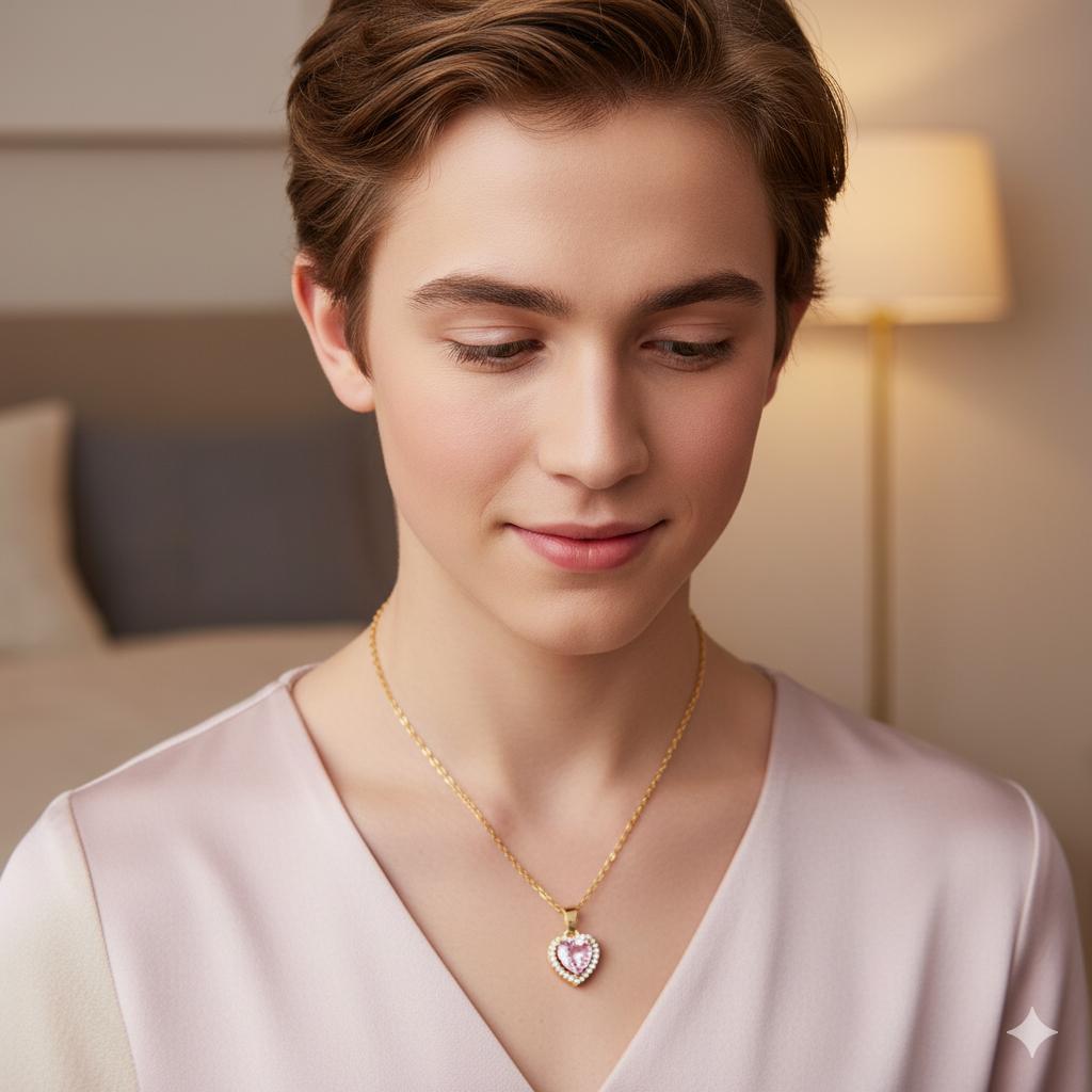 Gold Sissy Heart Pendant – Pink Crystal Feminization Necklace