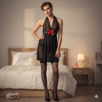 Sissy Lace Deep-V Sheer Babydoll with Big Bow & Matching Thong ♡