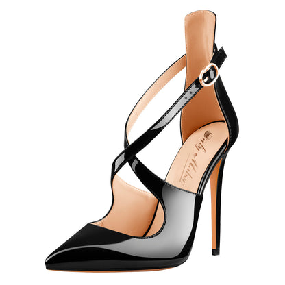 Black Patent Leather Pointed Toe Cross Strap High Heel Pumps