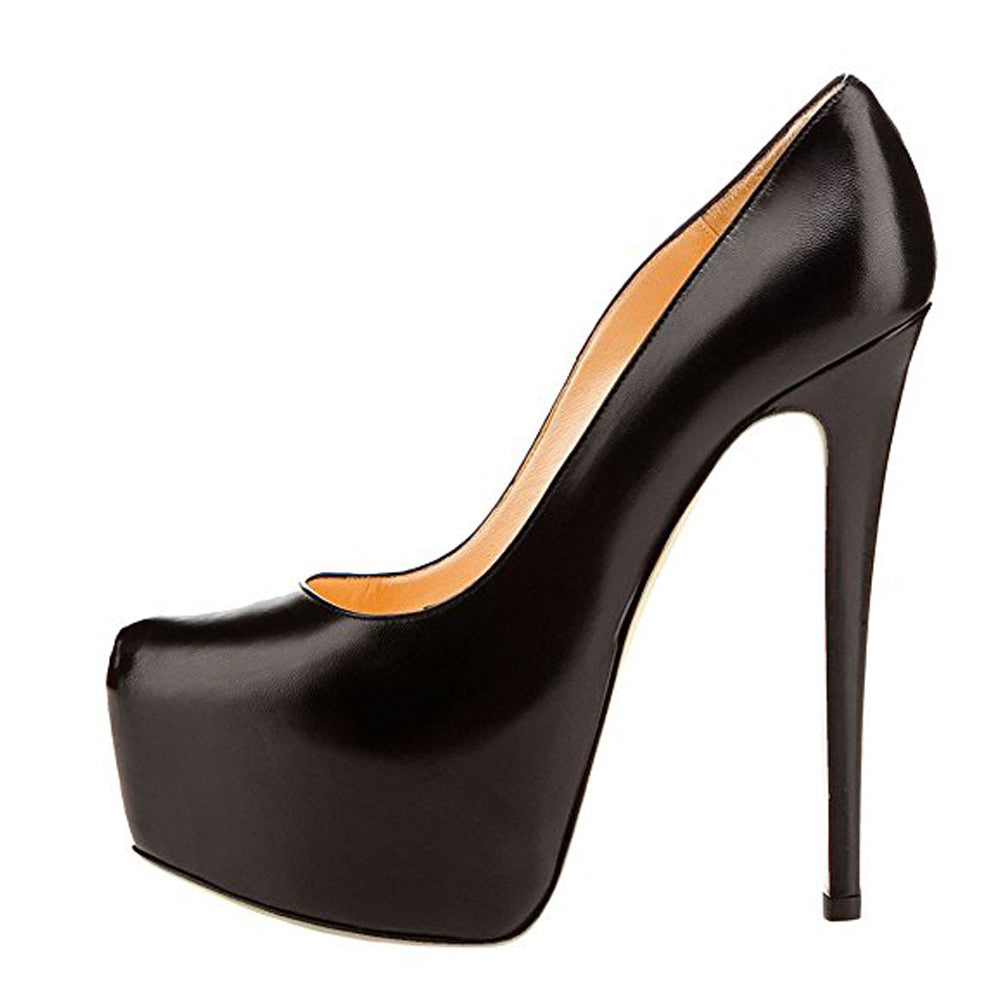 Black Matte Round Toe Super High Heel Platform Stiletto Slip On Pumps