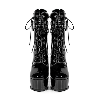 Black Platform Buckle Lace-up Stiletto Ankle Boots