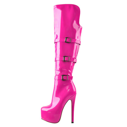 Round Toe Platform Over The Knee Rose Red Boots