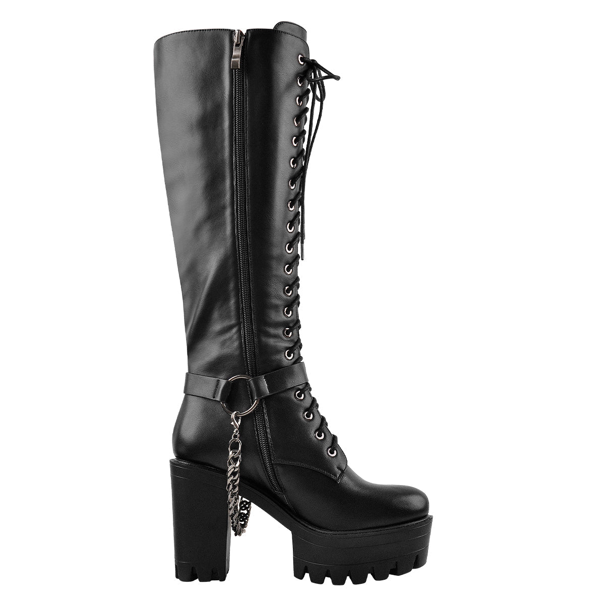 Black Platform Knee High Chunky Heel Boots