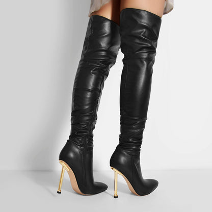 Pointed Toe Matte Black Metal Heels Stiletto Thigh Boots