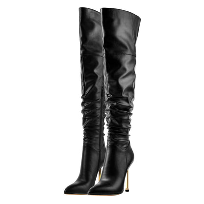 Pointed Toe Matte Black Metal Heels Stiletto Thigh Boots