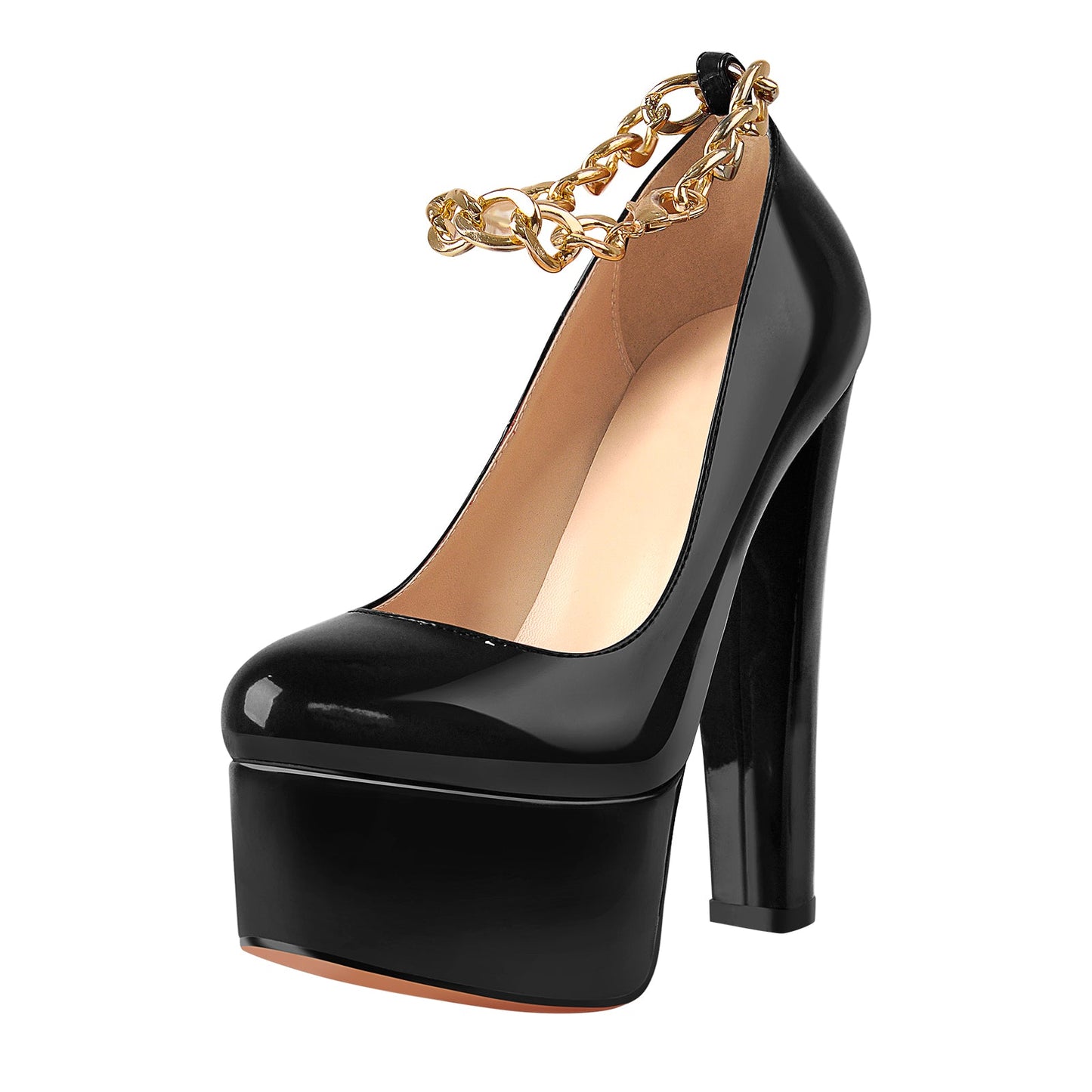 Black Round Toe Black Ankle Chain Platform Pumps