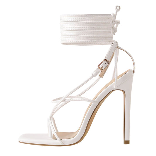 White Square Toe Ankle Strap Stiletto High Heel Sandals