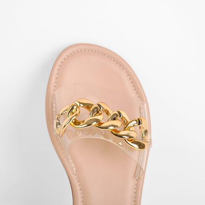 Metal Chain Clear Baby Pink Flat Slipper