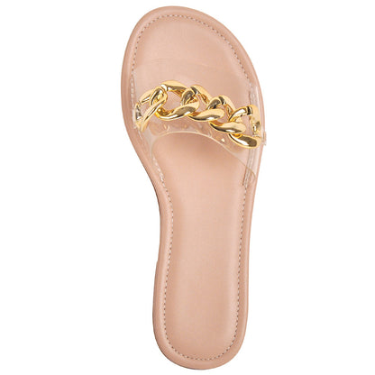 Metal Chain Clear Baby Pink Flat Slipper