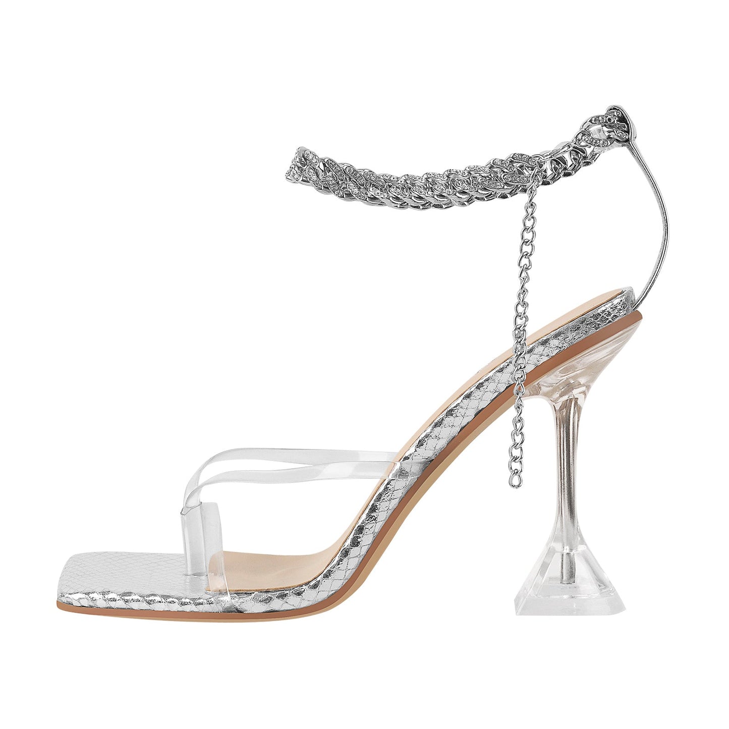 Silver Square Toe Metal Chain Tapered Heel Sandals