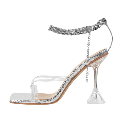 Silver Square Toe Metal Chain Tapered Heel Sandals