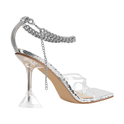 Silver Square Toe Metal Chain Tapered Heel Sandals