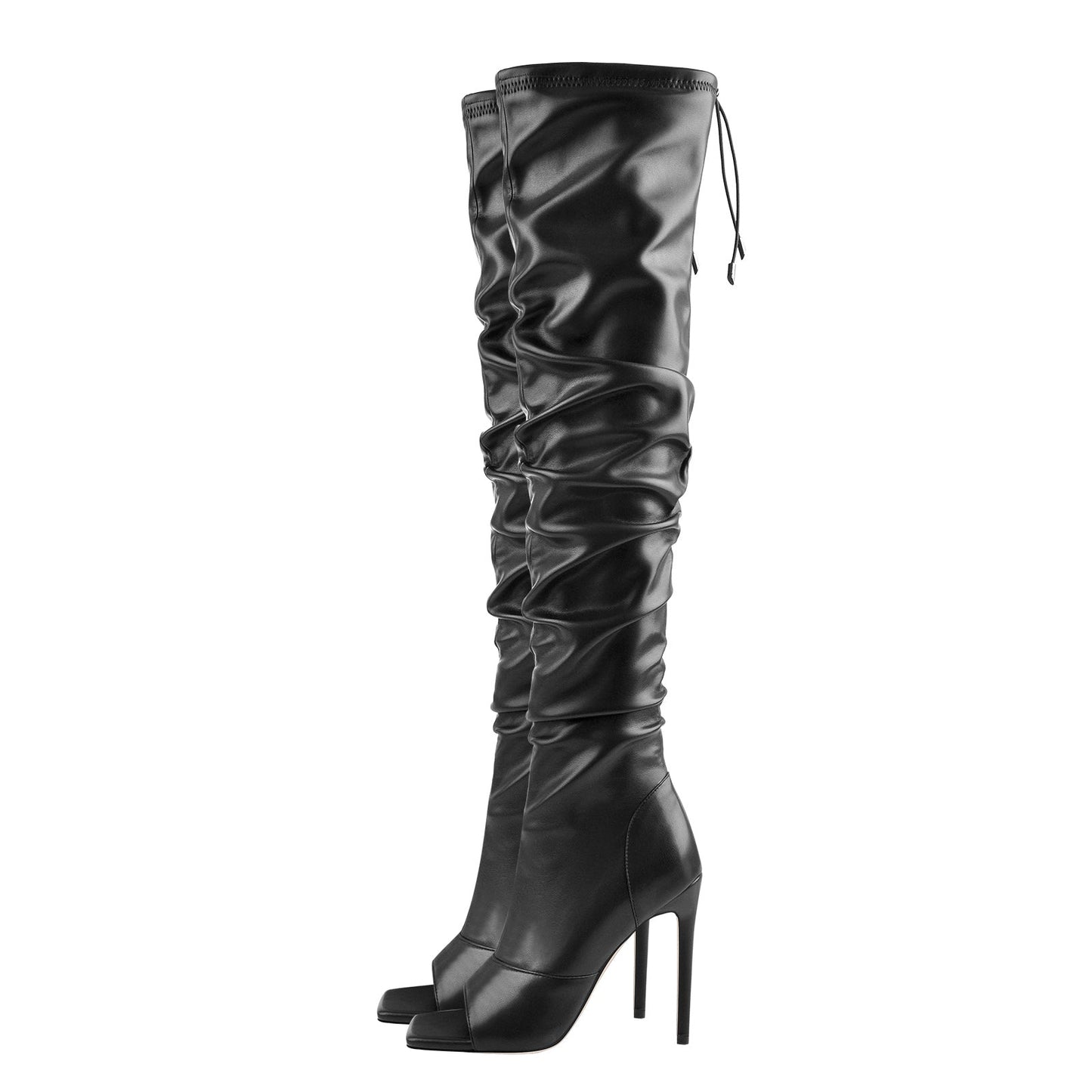 Black Open Square Toe Over The Knee Stiletto Zipper Boots