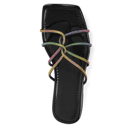 Square Toe Colorful Strap Flat Slipper