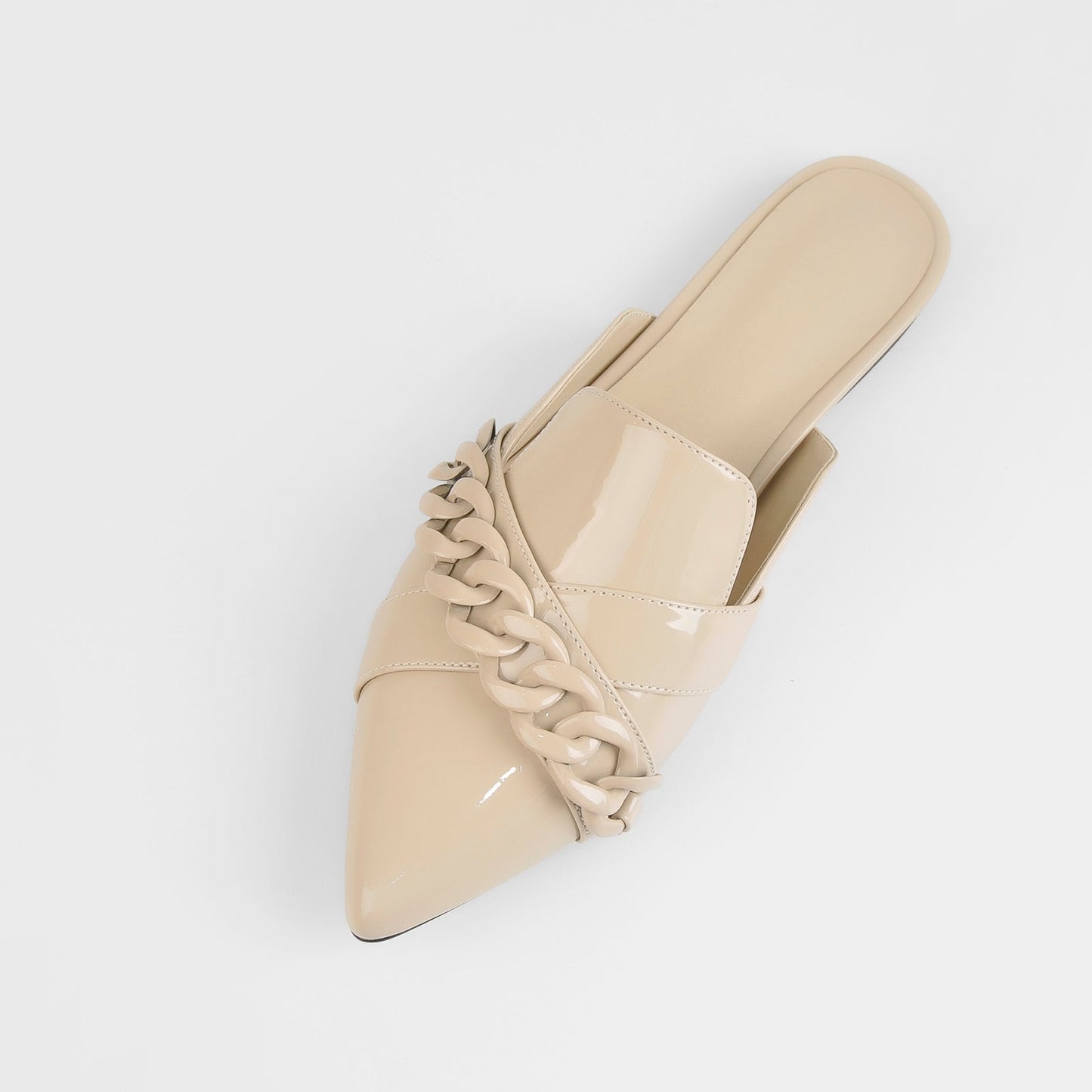 Beige Pointed Toe Chain Flat Mules