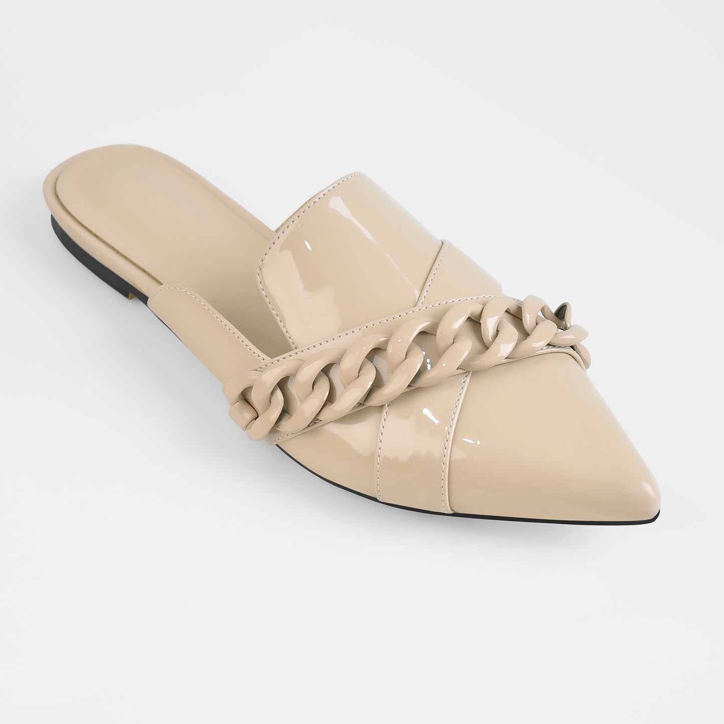 Beige Pointed Toe Chain Flat Mules