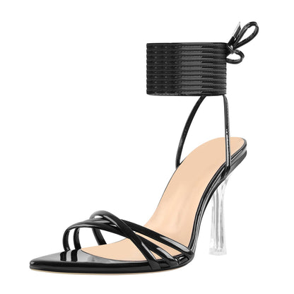 Pointed Toe Strap Lace Up Clear Heel Sandals