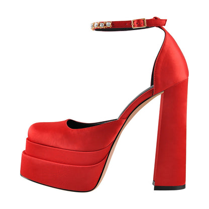 Red Rhinestone Double Platform Chunky Heel Pumps