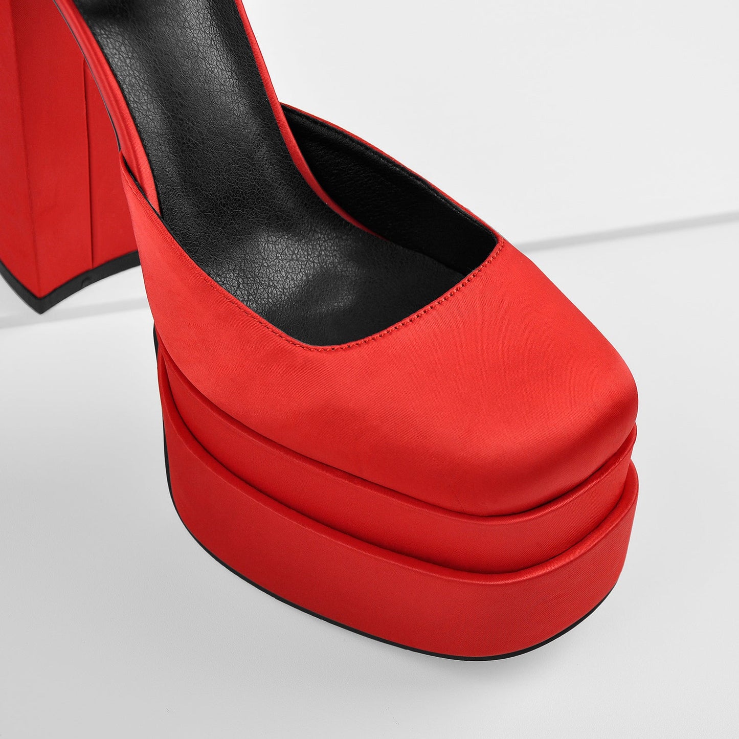 Red Rhinestone Double Platform Chunky Heel Pumps