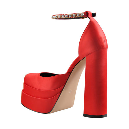 Red Rhinestone Double Platform Chunky Heel Pumps