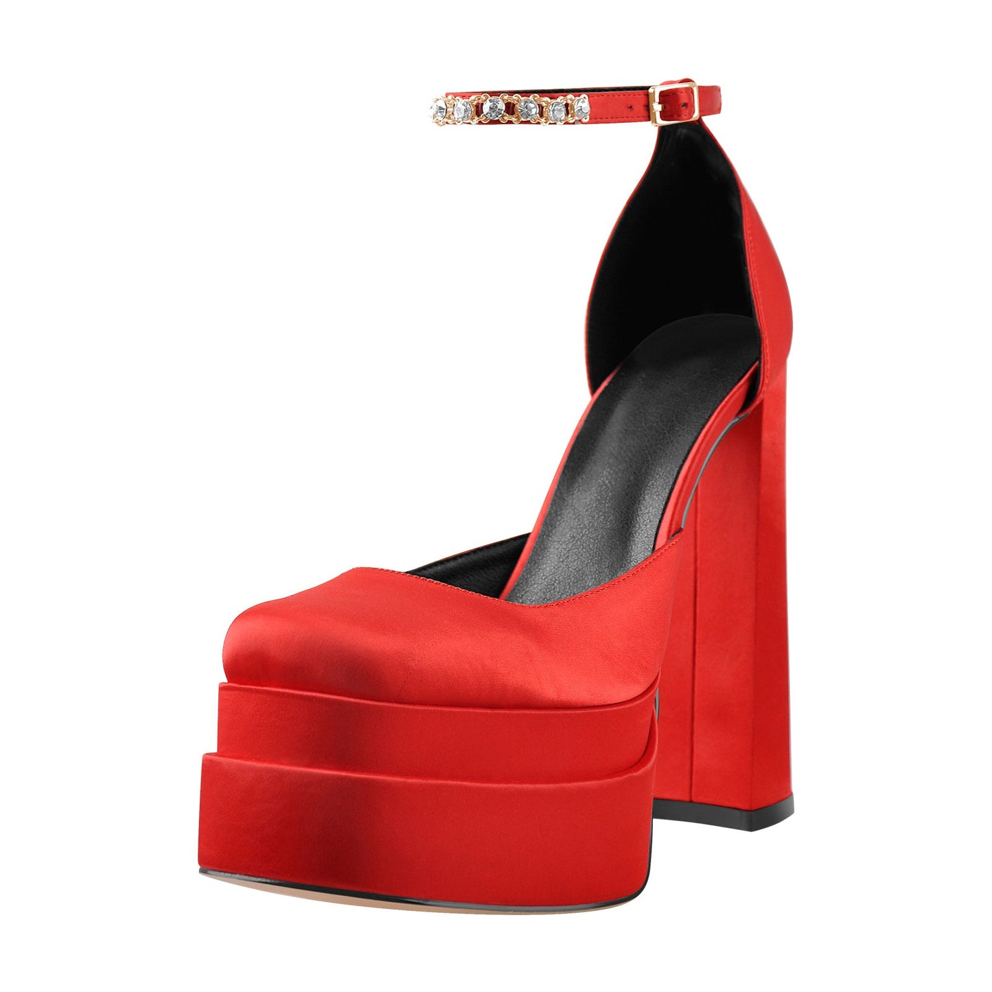 Red Rhinestone Double Platform Chunky Heel Pumps