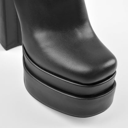 Square Toe Black Double Platform Block Heel Boots