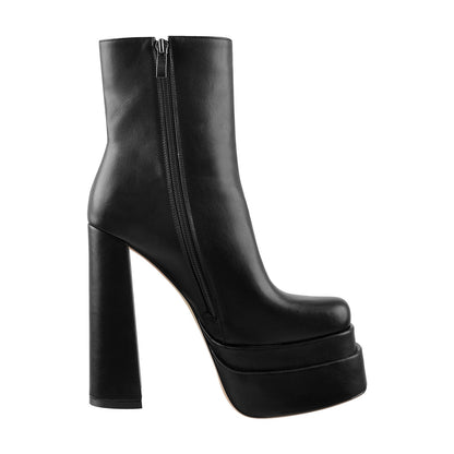 Square Toe Black Double Platform Block Heel Boots