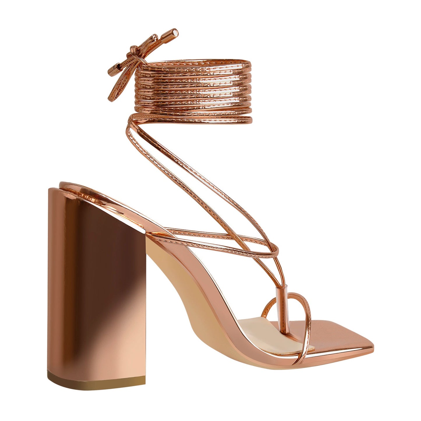 Rose Gold Ankle Strap Square Toe Chunky Heels Sandals