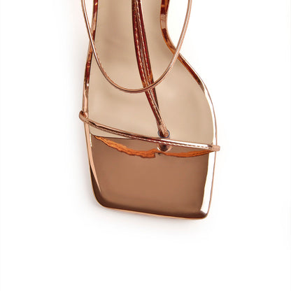 Rose Gold Ankle Strap Square Toe Chunky Heels Sandals