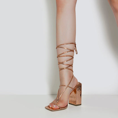 Rose Gold Ankle Strap Square Toe Chunky Heels Sandals