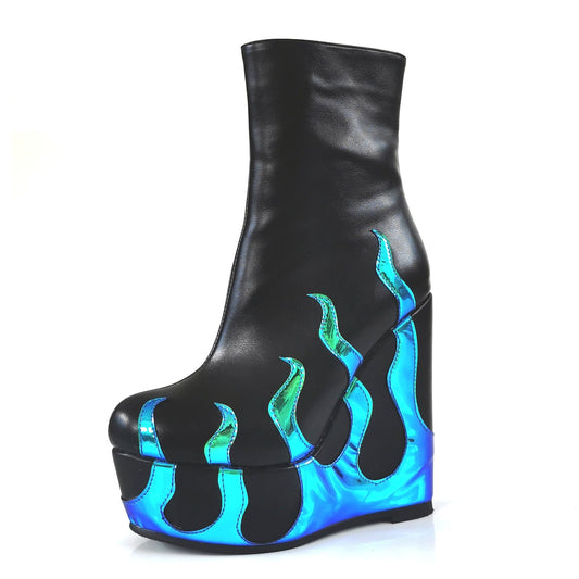 Flame Print Platform Round Toe Wedge Heel Boots