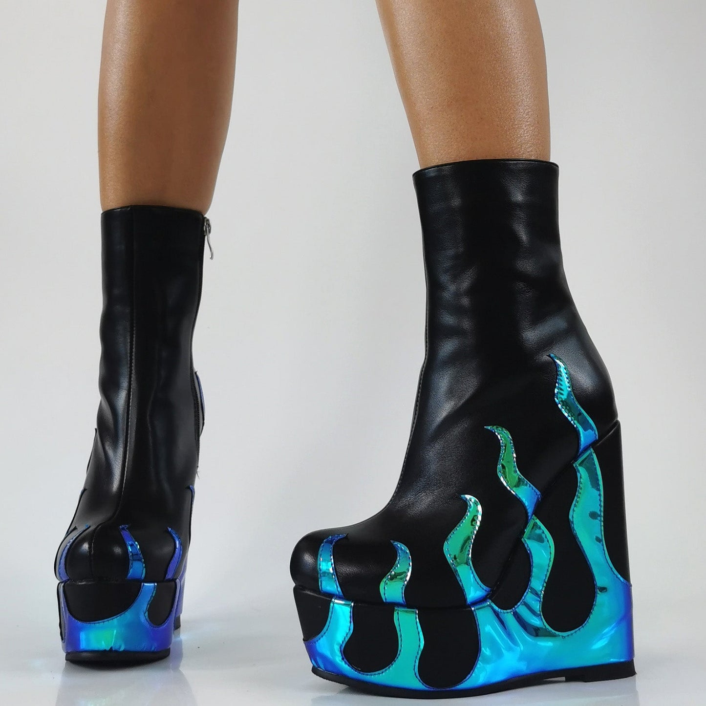 Flame Print Platform Round Toe Wedge Heel Boots