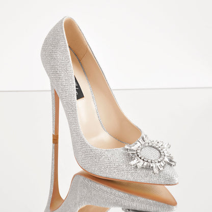 Silver Diamante Buckle Pointed Toe High Heel Pumps