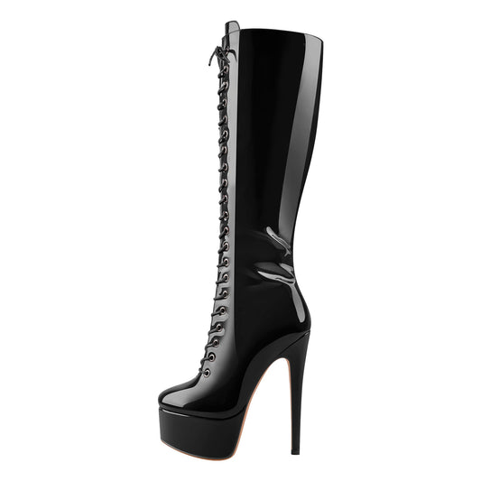 Patent Leather Platform Lace Up Knee High Boots