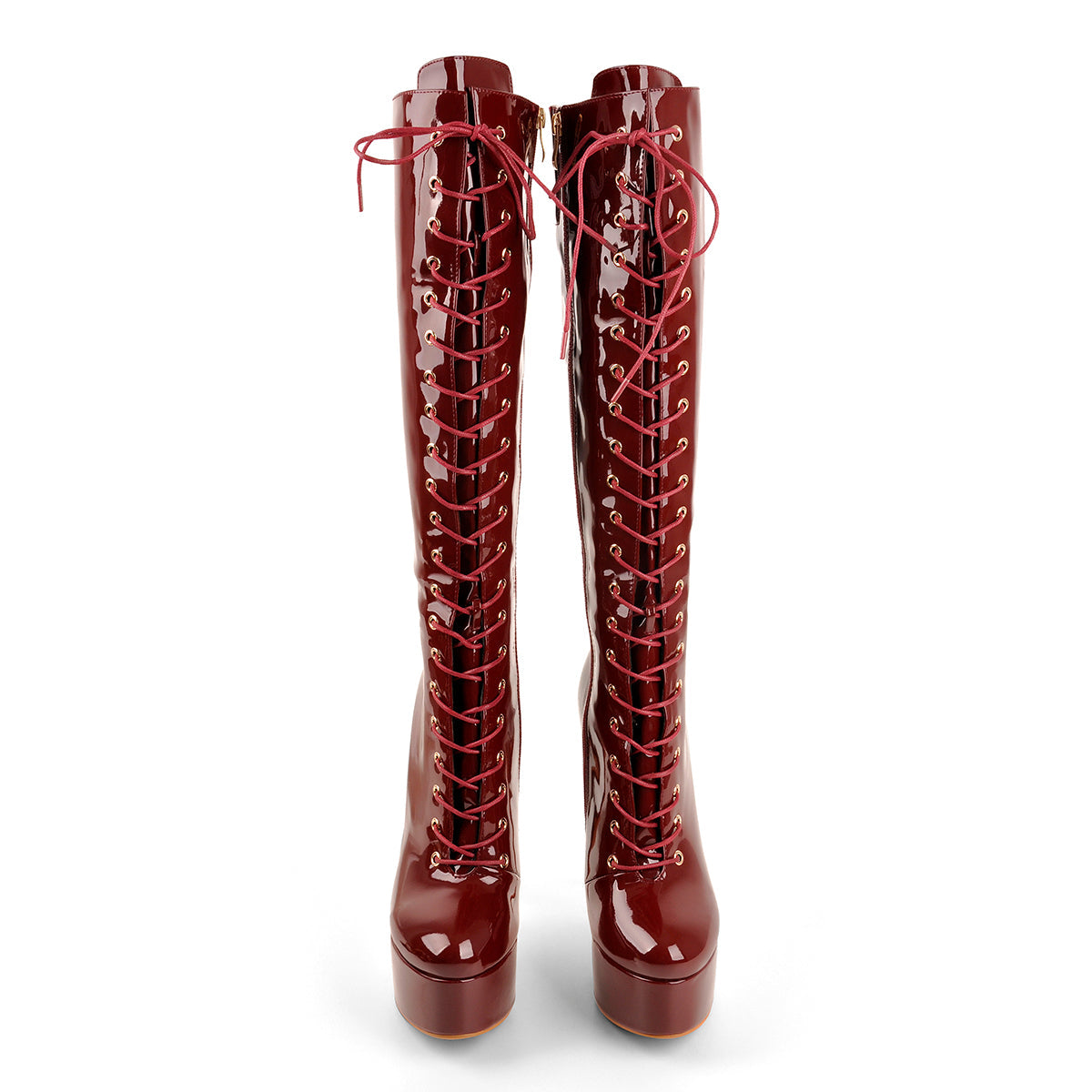 Patent Leather Platform Lace Up Knee High Boots