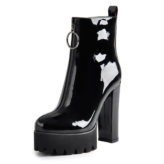 Round Toe Black Patent Leather Platform Chunky High Heel Ankle Boots