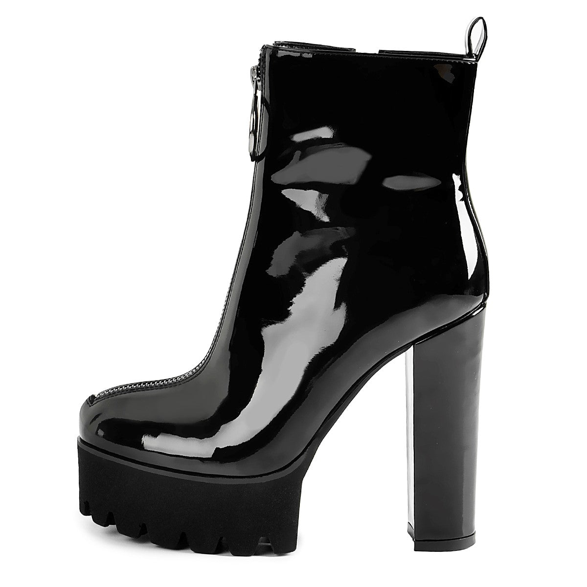 Round Toe Black Patent Leather Platform Chunky High Heel Ankle Boots