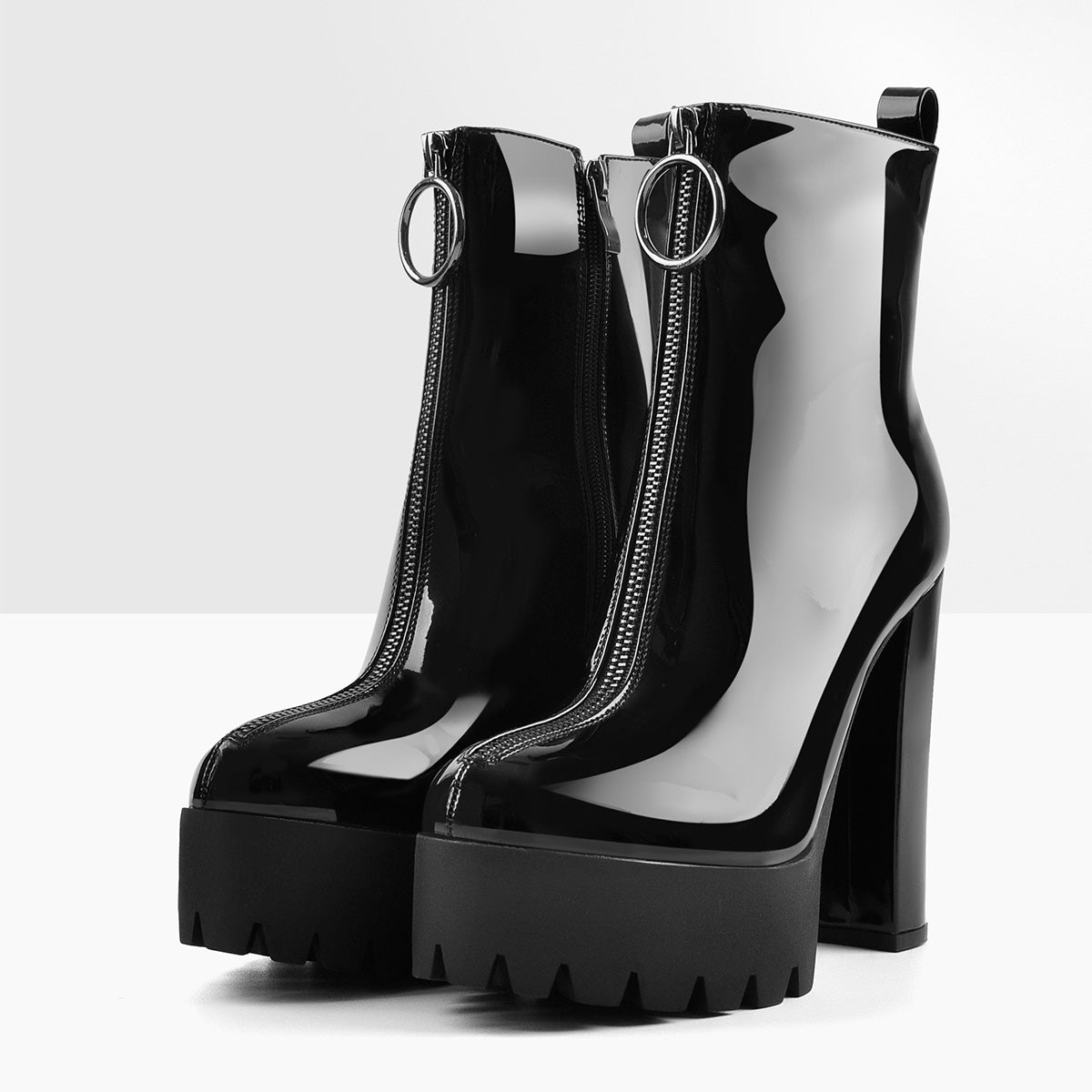 Round Toe Black Patent Leather Platform Chunky High Heel Ankle Boots