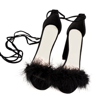 Round Toe Feather Lace-up Suede Chunky Heel Sandals