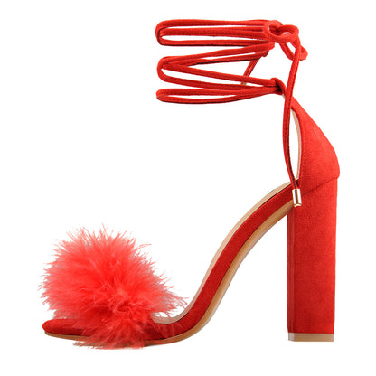 Round Toe Feather Lace-up Suede Chunky Heel Sandals