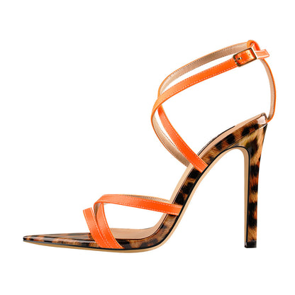 Open Pointed Toe Criss Cross Leopard Stilettos Ankle Strap Sandals