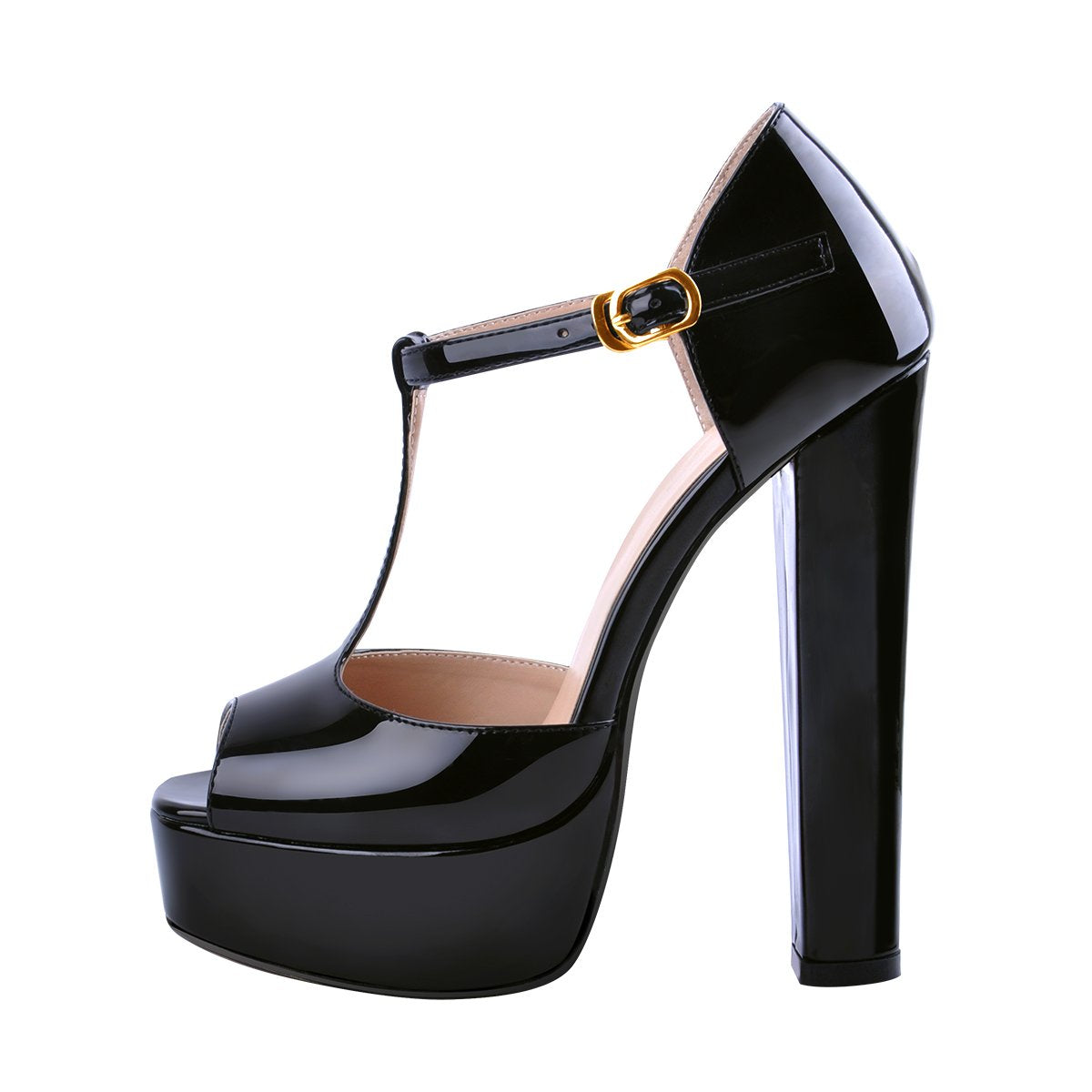 T Strap Peep Toe Platform Patent Chuncky High Heel Sandals