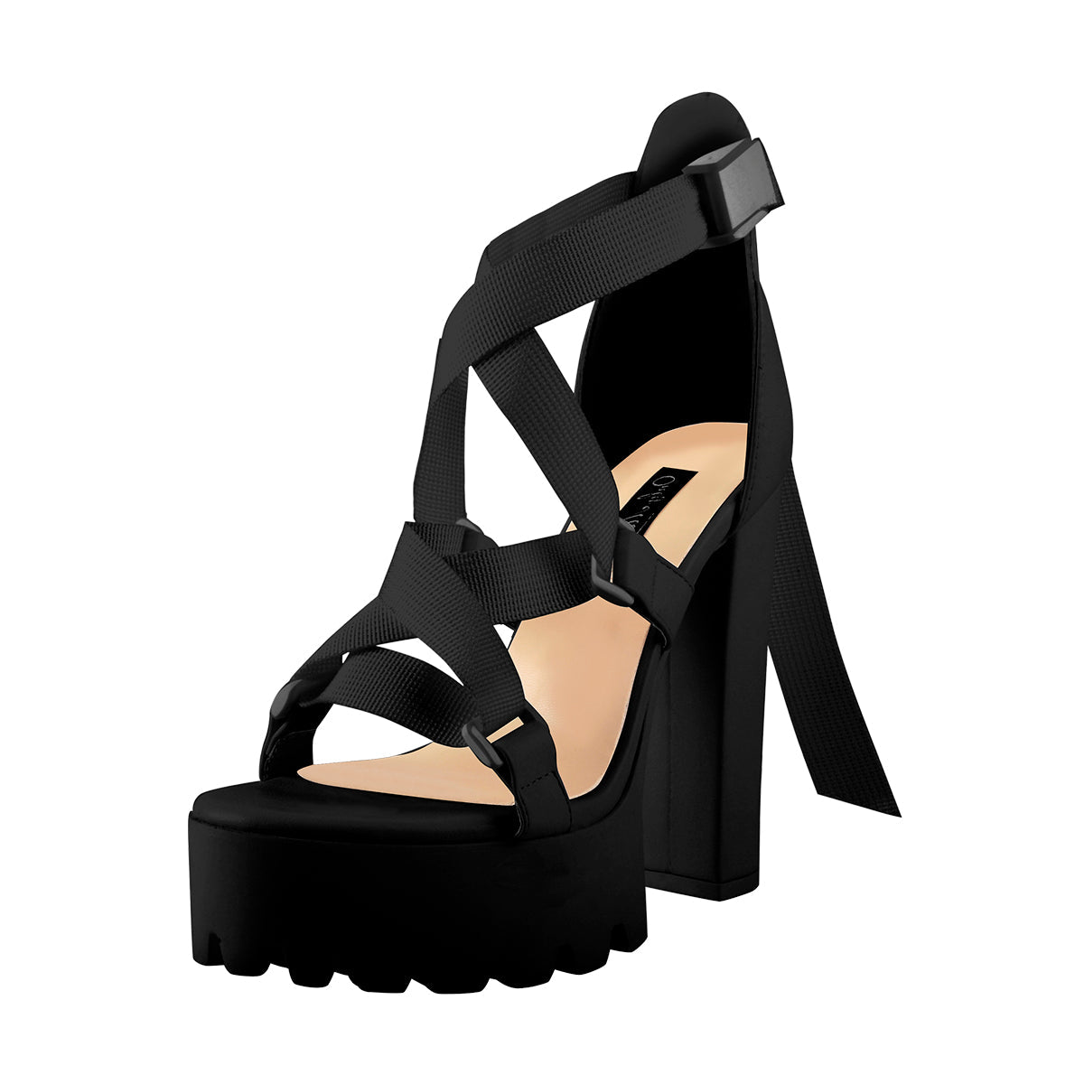 Open Toe Black Cross Strap Platform Block Heel Sandals