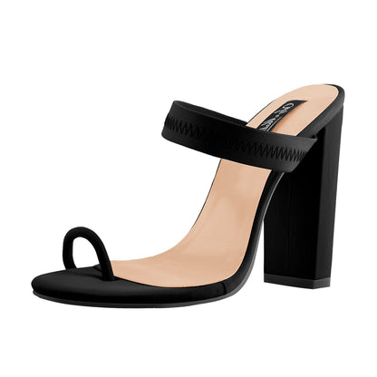 Black Chunky High Heel Mules Toe Ring Sandals