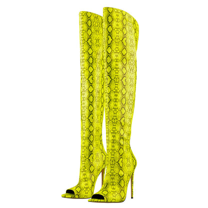 Open Toe Snake Fluorescent Color Stiletto High Heel Over The Knee Boots