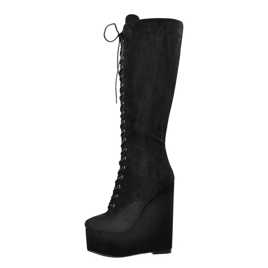 Suede Round Toe Wedge Heel Lace Up Zip Knee High Boots