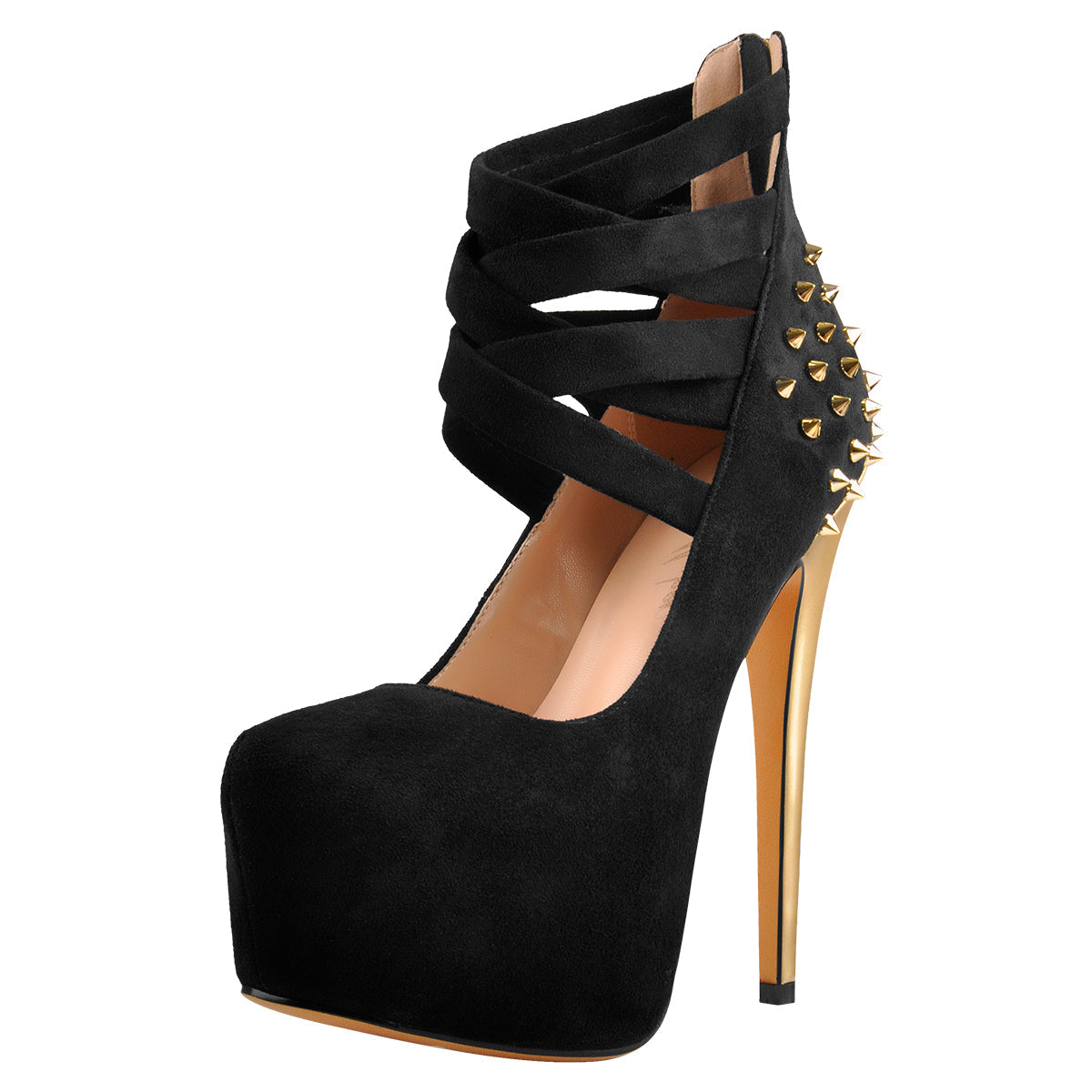 Round Toe Platform Metallic Rivet High Heel Pumps