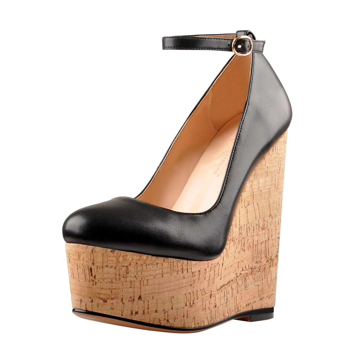 Wood Grain Platform Wedges Round Toe Buckle Strap Pumps