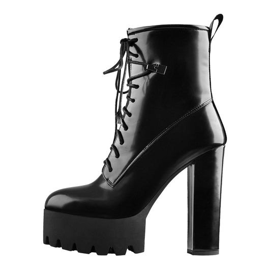 Lace Up Platform Round Toe Chunky Heels Ankle Boots