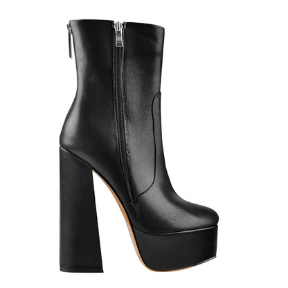 Round Toe Matte Black Platform Chunky Heels Ankle Zipper Boots